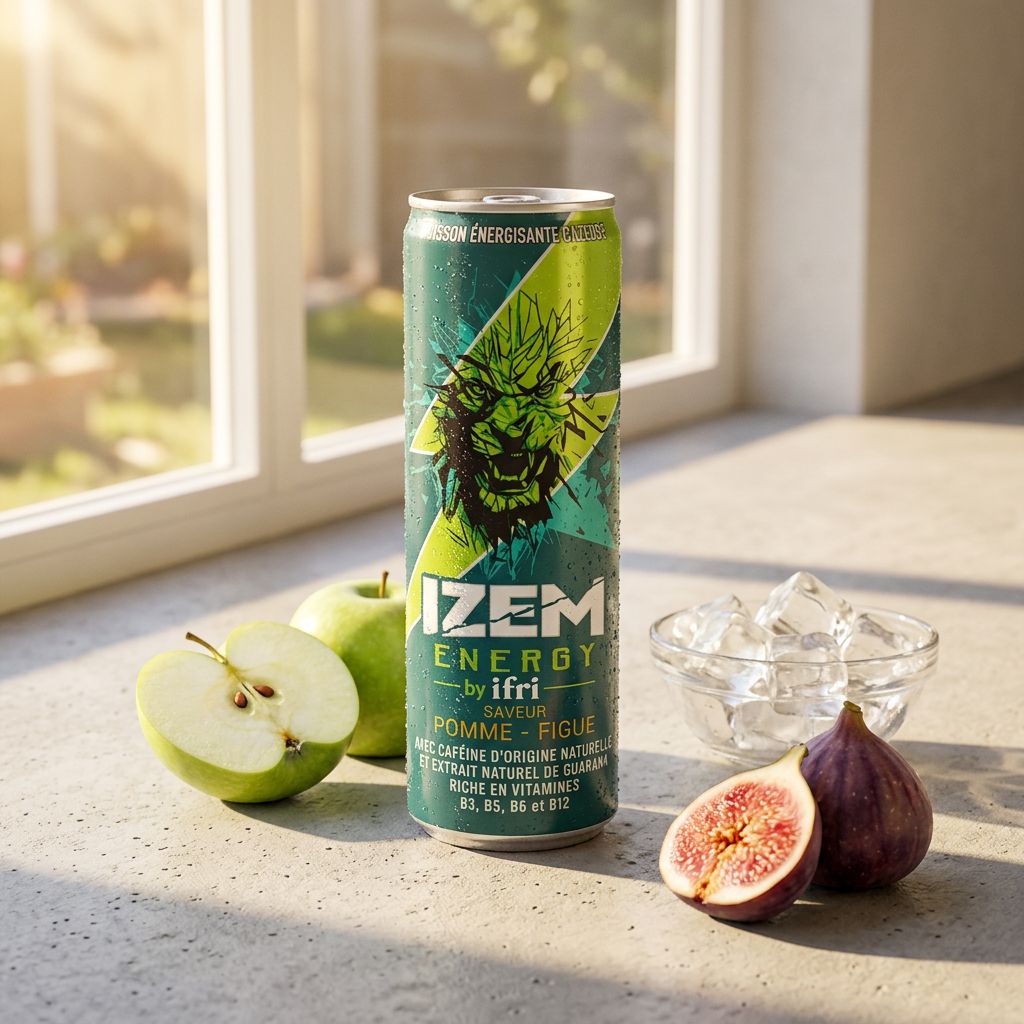 Izem Apple & Fig, energy drink gazéifié pomme-figue en canette, disponible sur My American Shop