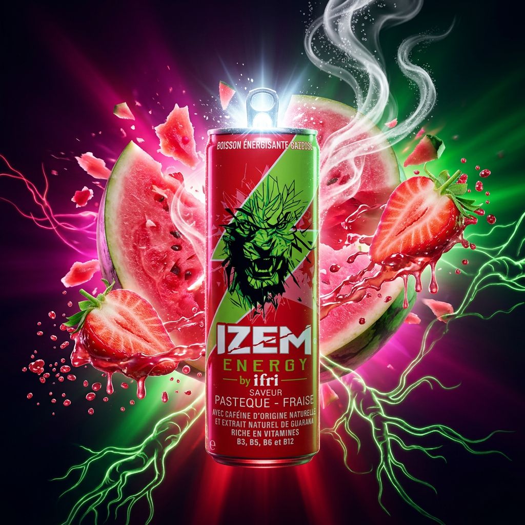 Canette Izem Watermelon Strawberry 250ml, energy drink pastèque fraise importé, disponible sur My American Shop