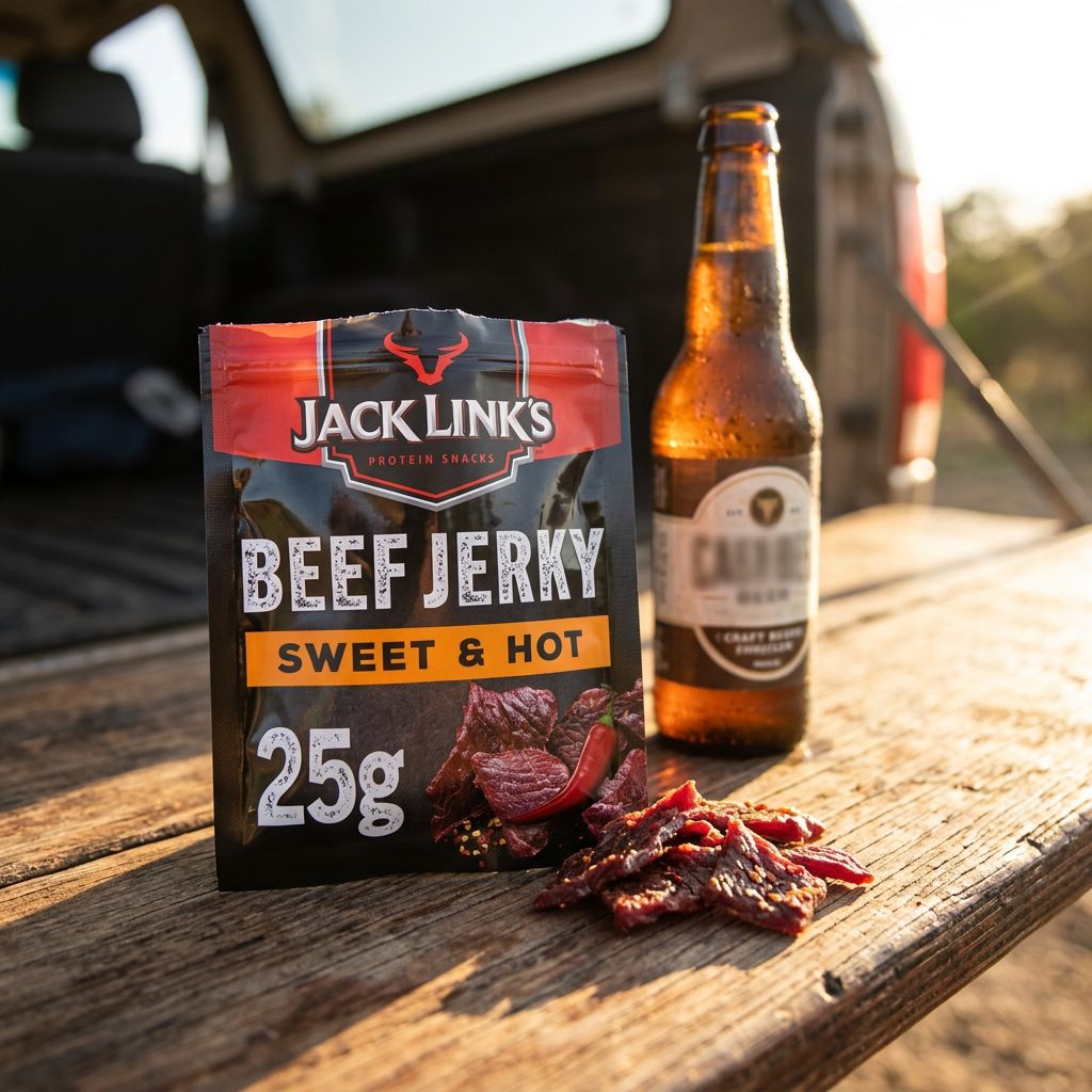 Jack Link's Beef Jerky Sweet & Hot, sachet refermable, snack boeuf seche sucre epice, origine USA, disponible sur My American Shop