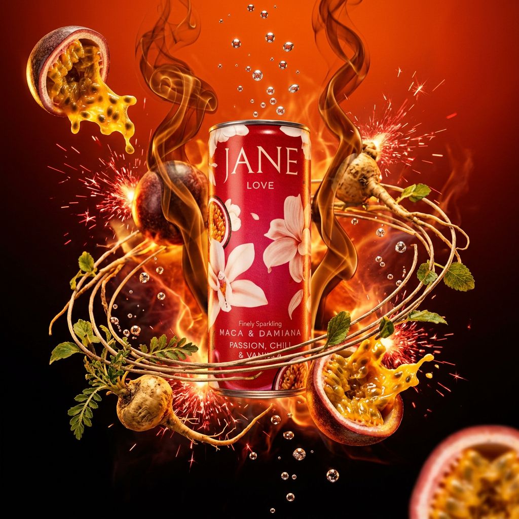 Jane Love Passion Chili & Vanilla, boisson fonctionnelle pétillante aux fruits exotiques, disponible sur My American Shop