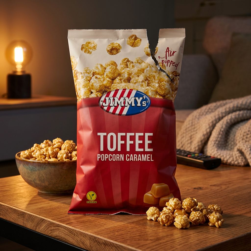 Jimmy's Pop Corn Toffee Caramel, snack néerlandais croustillant au caramel, disponible sur My American Shop