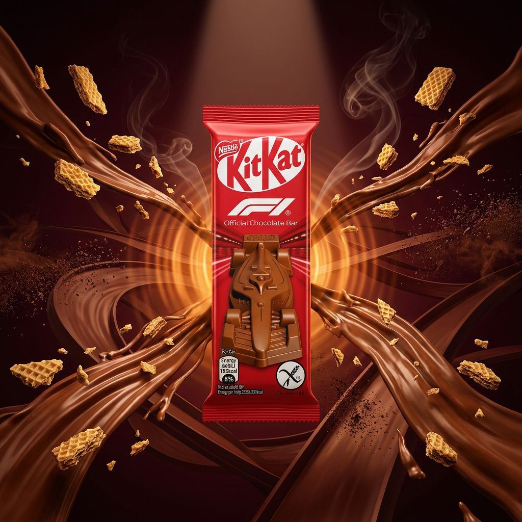 Kit Kat Icon F1 Car, barre chocolatée collector en forme de monoplace, chocolat au lait et wafer, disponible sur My American Shop