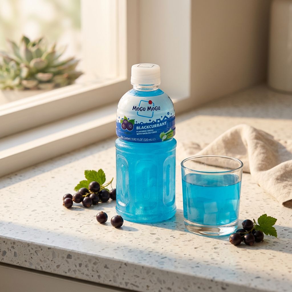 Mogu Mogu Blackcurrant, boisson thaïlandaise bleue avec nata de coco, 320ml, disponible sur My American Shop