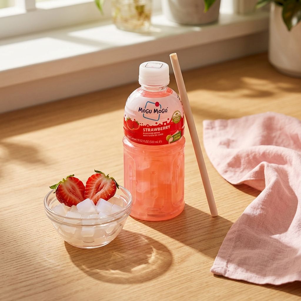 Mogu Mogu Strawberry, boisson thaïlandaise fraise et nata de coco 320ml, disponible sur My American Shop