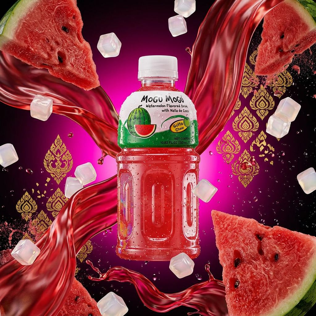 Mogu Mogu Watermelon, boisson thaïlandaise pastèque avec nata de coco, 320ml, disponible sur My American Shop