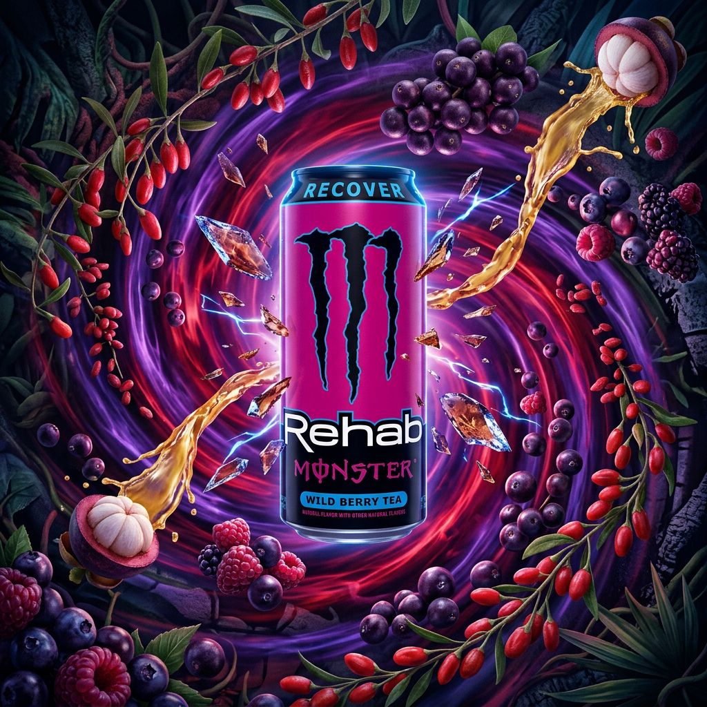 Monster Rehab Wild Berry 500ml, boisson énergisante non gazeuse américaine saveur baies sauvages, disponible sur My American Shop