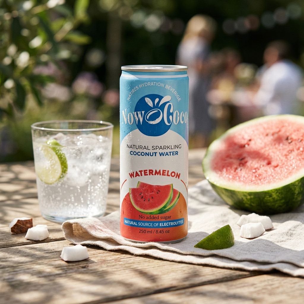 Now Coco Sparkling Coconut Water Watermelon, eau de coco pétillante pastèque importée, disponible sur My American Shop