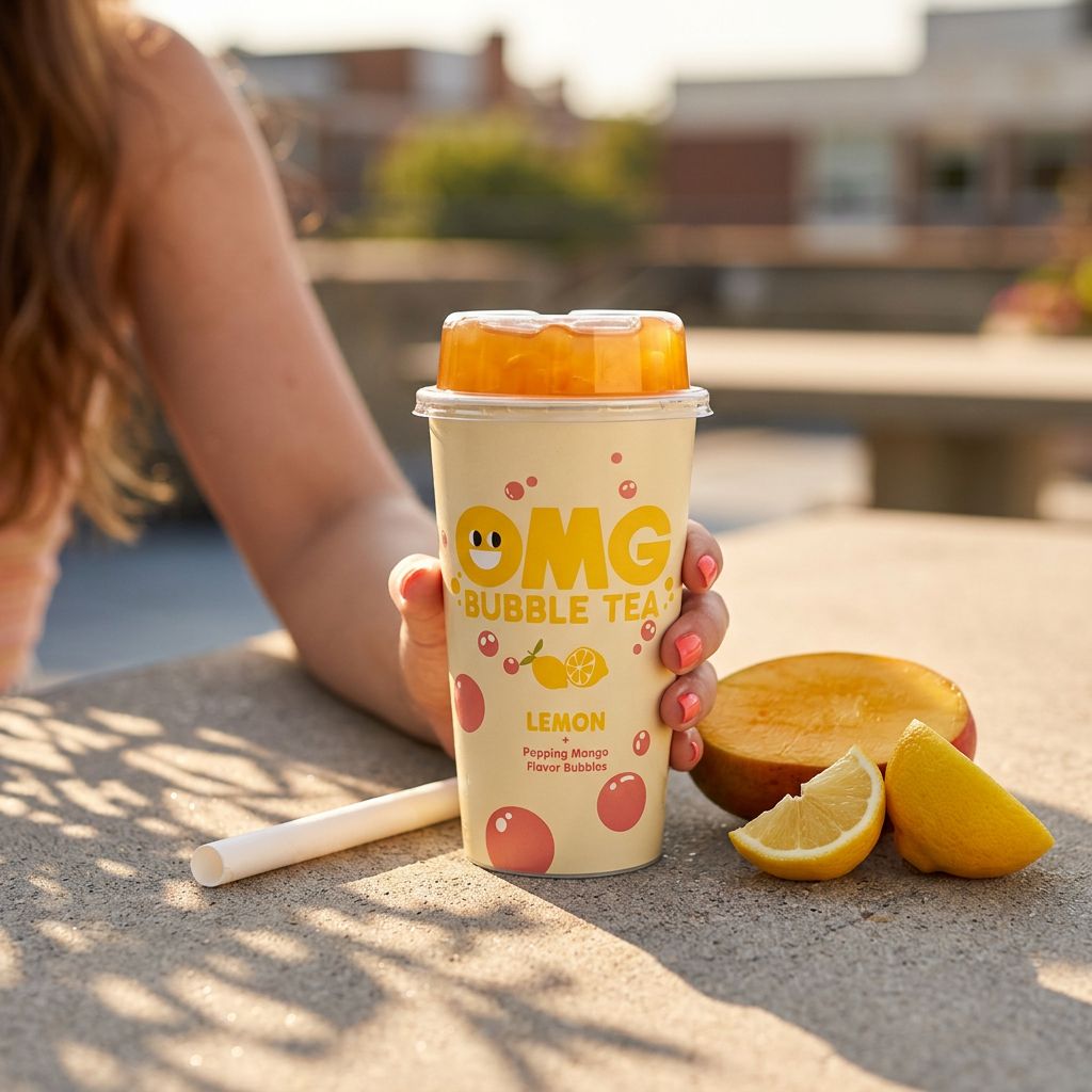 OMG Bubble Tea Lemon Mango, boisson prête à boire avec perles tapioca, importée, disponible sur My American Shop