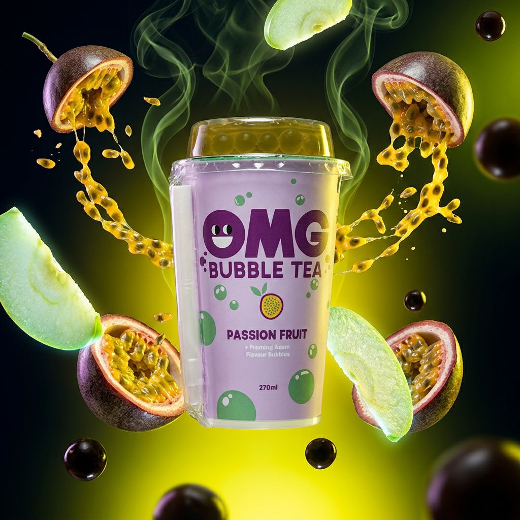 OMG Bubble Tea Passion Fruit Green Apple, boisson fruitée au thé vert, disponible sur My American Shop