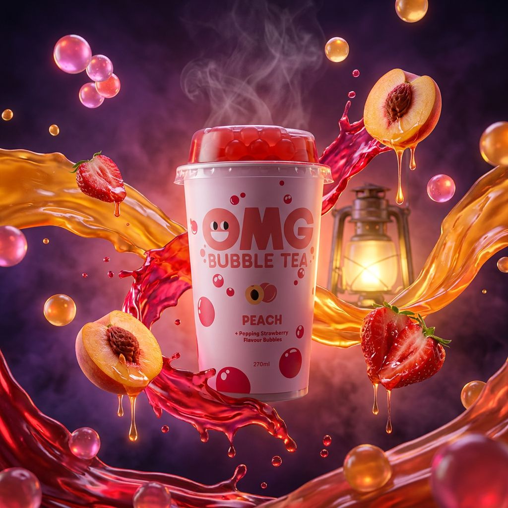 OMG Bubble Tea Pêche Fraise en canette avec perles, boisson boba prête à boire, disponible sur My American Shop