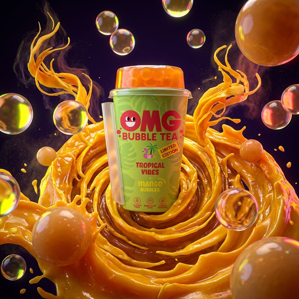 Kit bubble tea OMG Tropical Vibes Mangue avec billes tapioca, format prêt à préparer, importé, disponible sur My American Shop