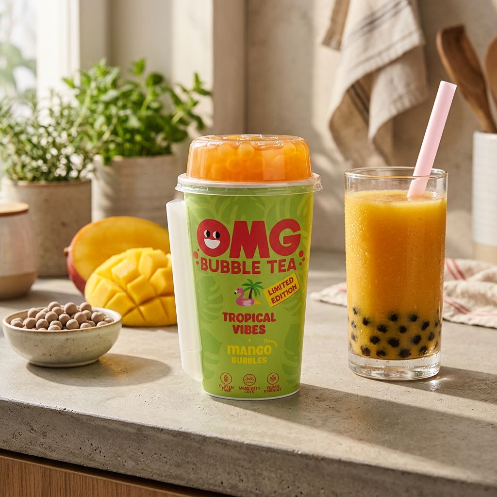 Kit bubble tea OMG Tropical Vibes Mangue avec billes tapioca, format prêt à préparer, importé, disponible sur My American Shop