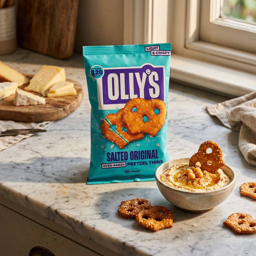 Olly's Pretzel Thins Salted Original, bretzel fin salé façonné main, marque britannique, disponible sur My American Shop
