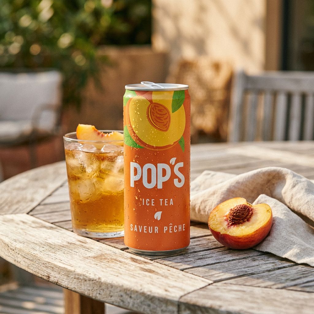 Pop's Ice Tea Pêche en canette, boisson rafraîchissante française au thé noir, disponible sur My American Shop