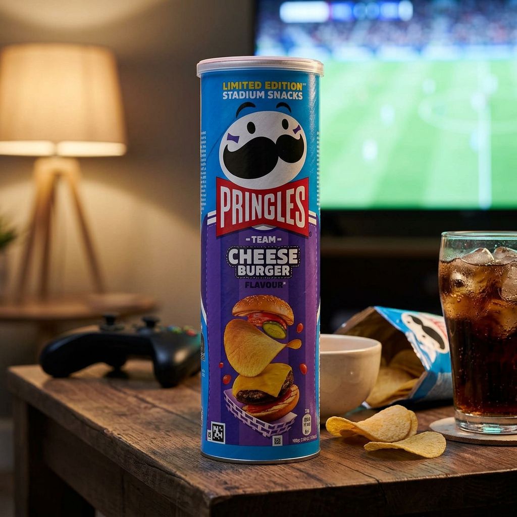 Pringles Stadium Snacks Cheese Burger, chips saveur cheeseburger en tube, gamme américaine, disponible sur My American Shop