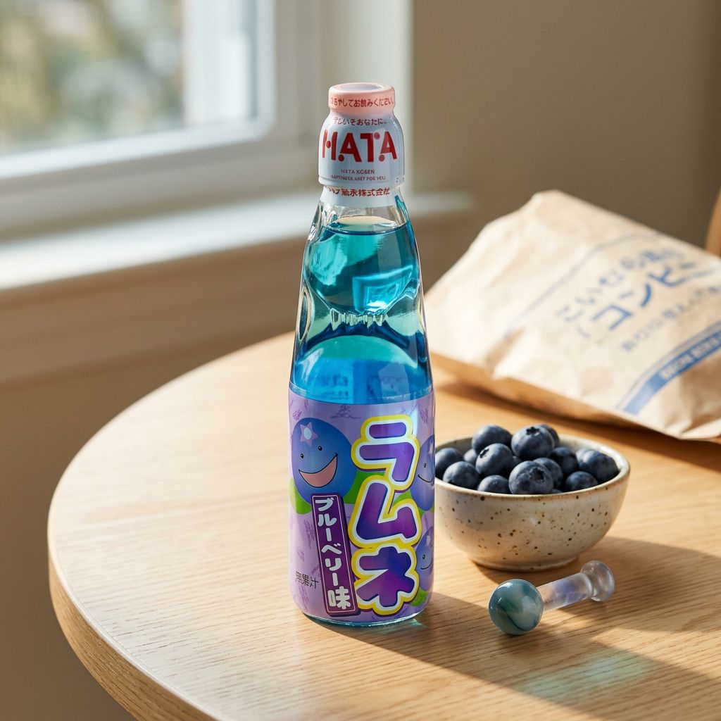 Ramune Hatakosen Blueberry, soda japonais en bouteille verre avec bille, saveur myrtille, disponible sur My American Shop