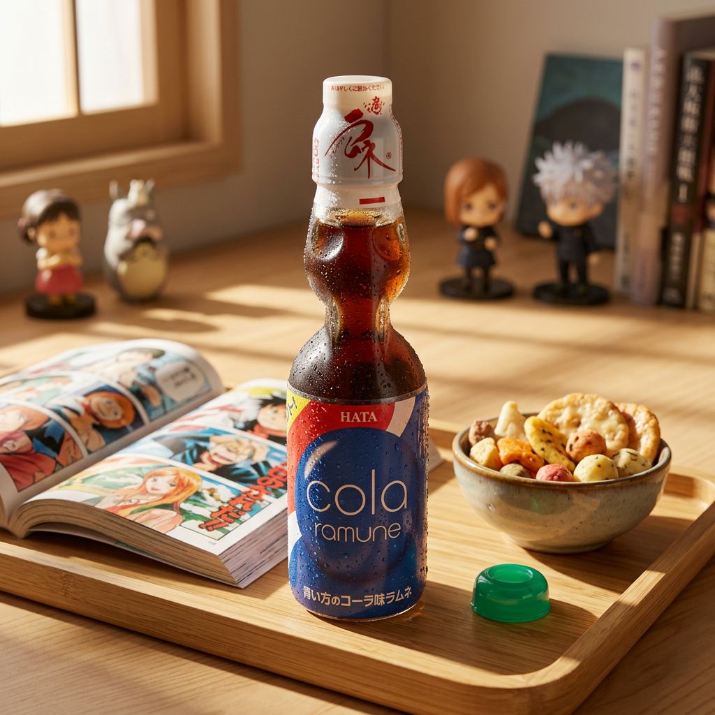 Ramune Hatakosen Soda Cola, bouteille en verre avec bille, saveur cola, importé du Japon, disponible sur My American Shop