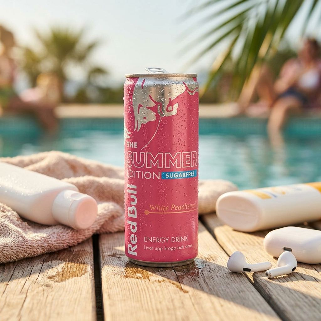 Red Bull Summer Edition Sugarfree pêche blanche, canette édition limitée sans sucre, disponible sur My American Shop