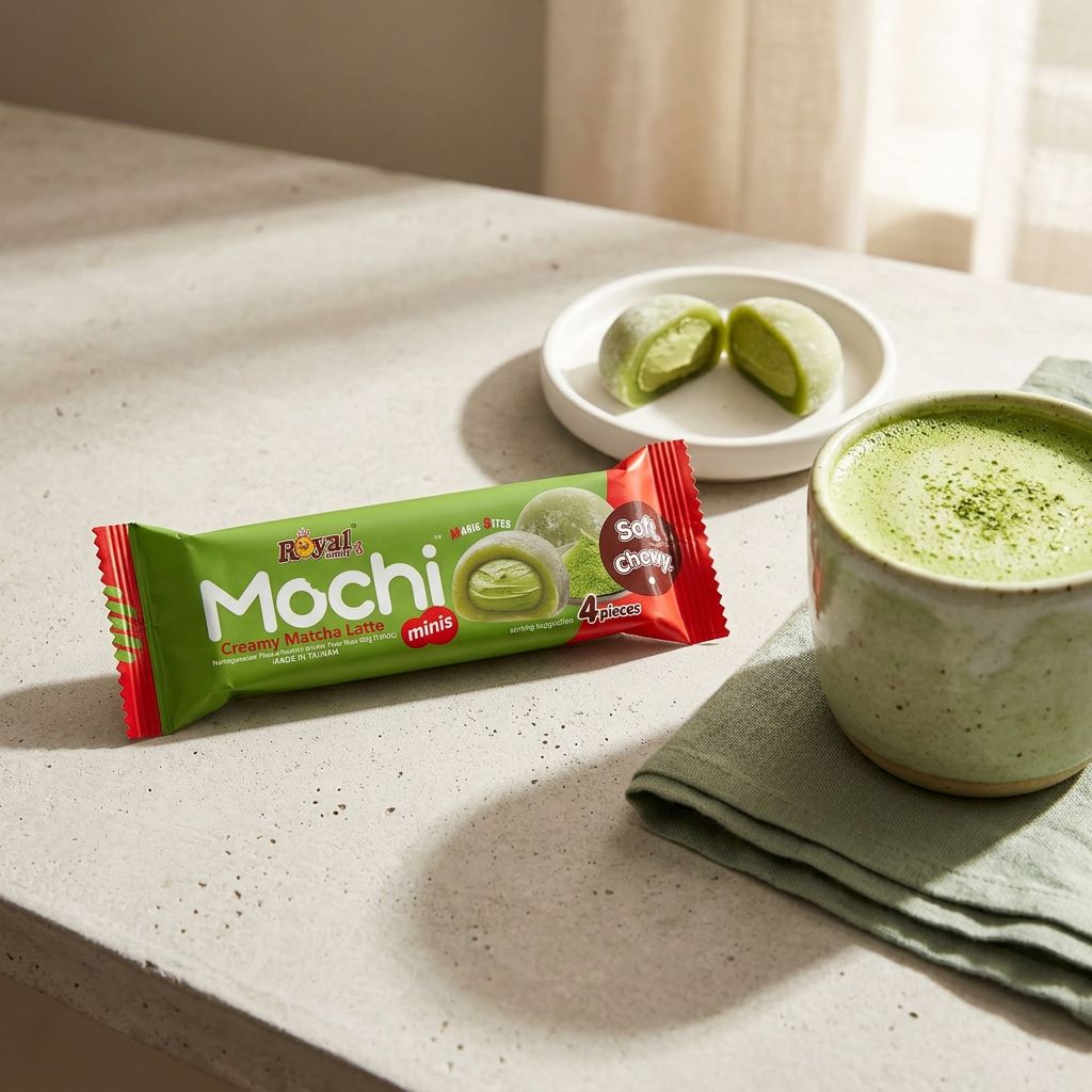 Royal Family Mochi Mini Creamy Matcha Latte, bouchées de riz gluant fourrées crème matcha, origine Taïwan, disponible sur My American Shop