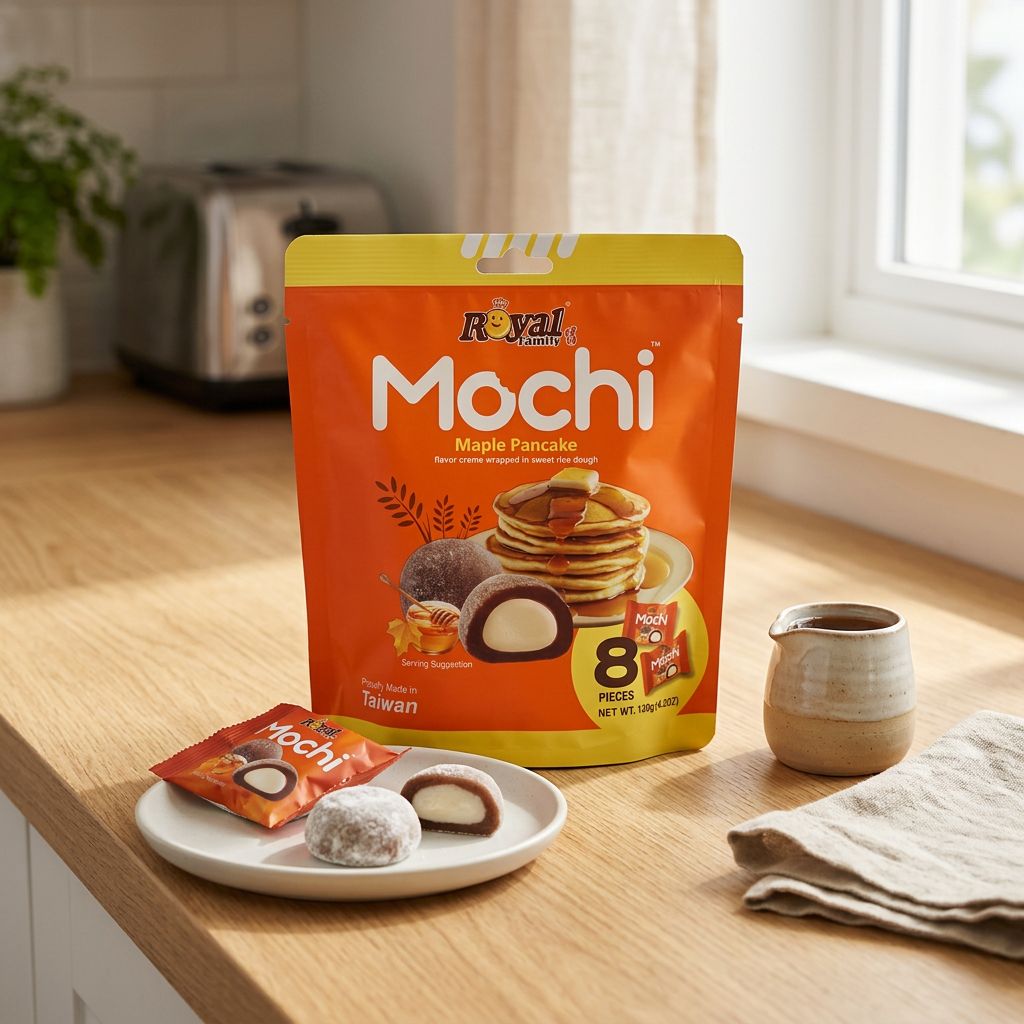 Royal Family Mochi Small Creamy Maple Pancake, mochi taiwanais fourré crème sirop d'érable, format bouchée, disponible sur My American Shop