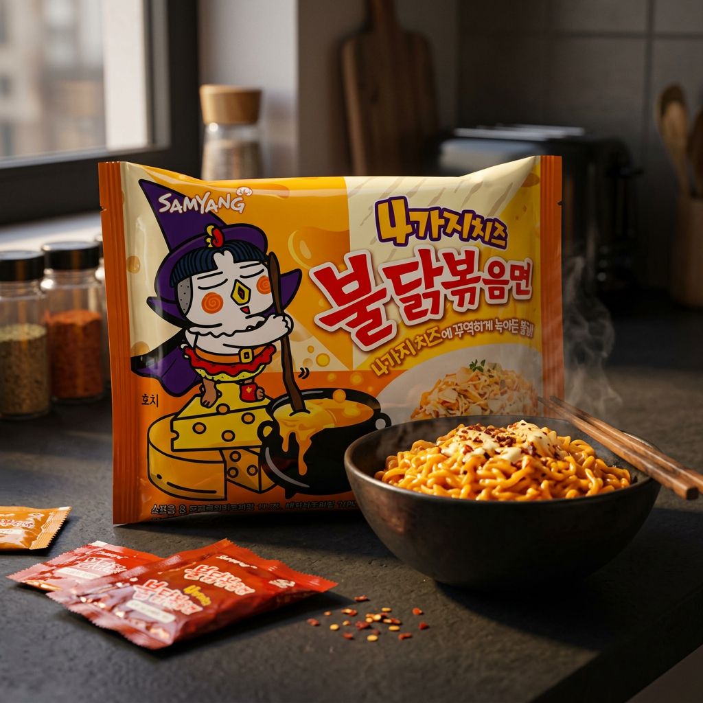 Samyang Ramen 4 Flavors Cheese Fire Chicken, nouilles épicées coréennes mozzarella-habanero, disponible sur My American Shop