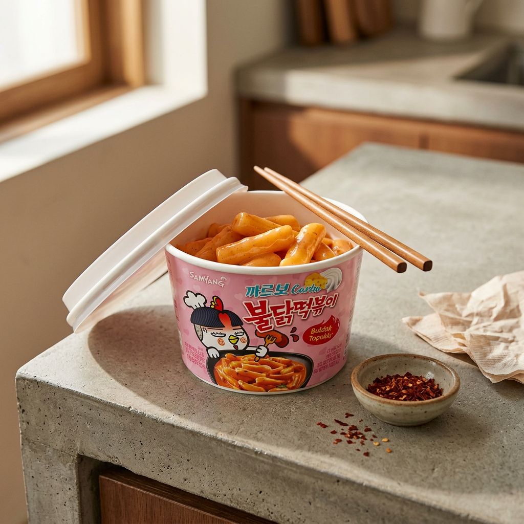 Samyang Buldak Topokki Carbo Cup, riz gluant sauce carbonara épicée, format cup importé Asie, disponible sur My American Shop