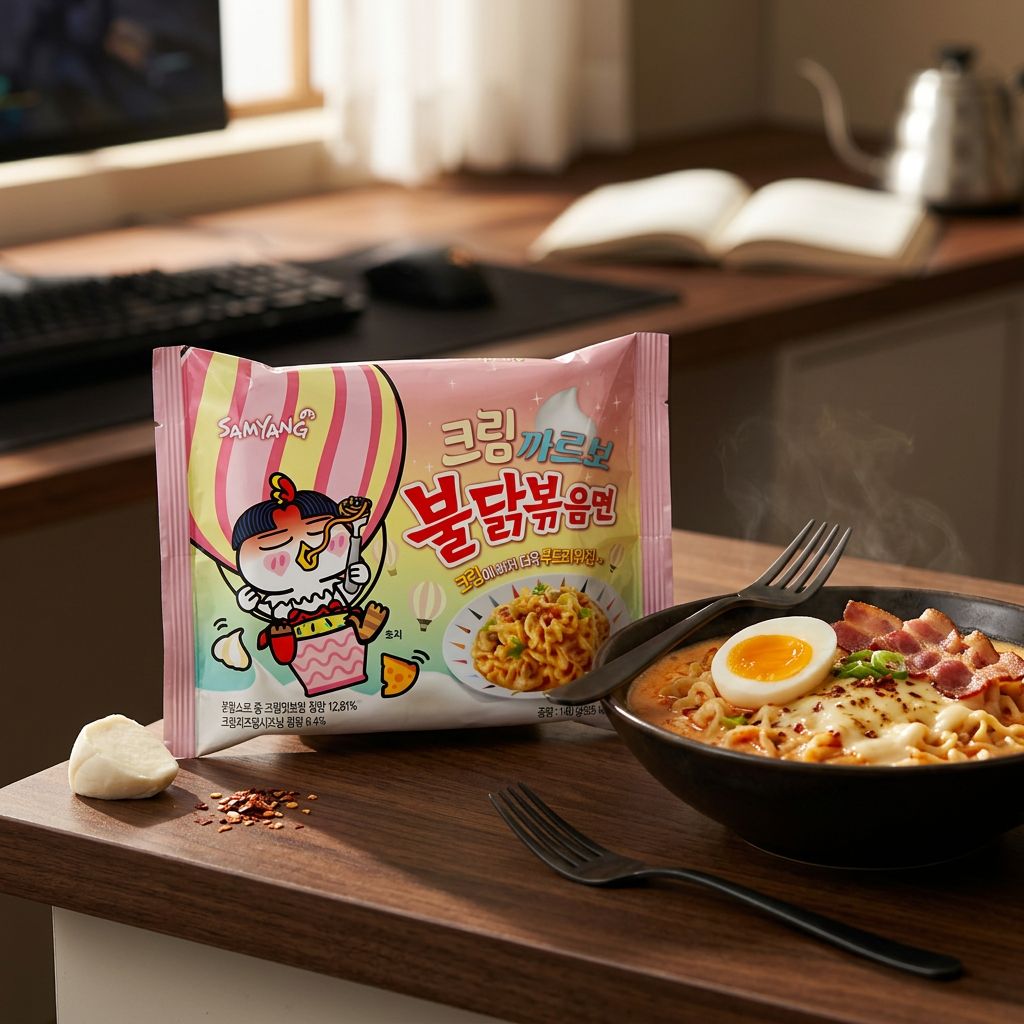 Samyang Buldak Cream Carbo ramen épicé crémeux instantané coréen, disponible sur My American Shop