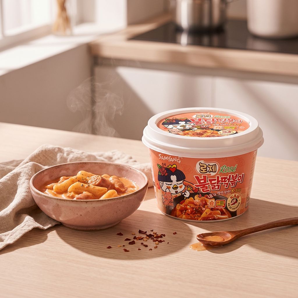 Samyang Rose Buldak Tteokbokki, gâteaux de riz épicés crémeux coréens, disponible sur My American Shop