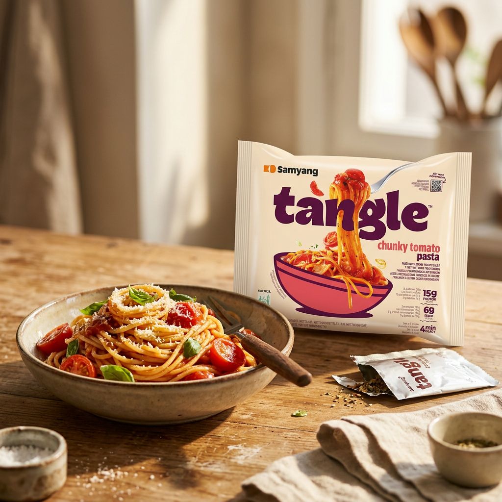 Samyang Tangle Pasta Sauce Tomate, nouilles instantanées coréennes format tangle, disponible sur My American Shop