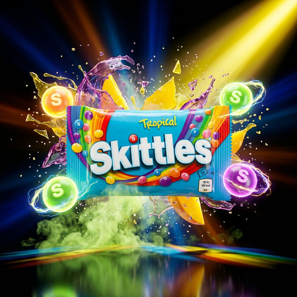 Skittles Tropical, bonbons fruités américains saveurs mangue ananas citron vert, sachet importé, disponible sur My American Shop