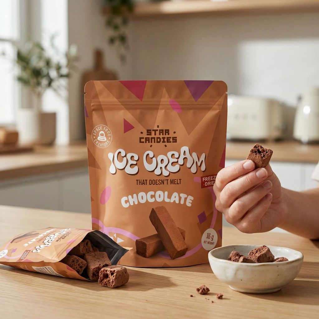 Star Candies Freeze-Dried Ice Cream Chocolat Small, glace lyophilisée format pocket, disponible sur My American Shop