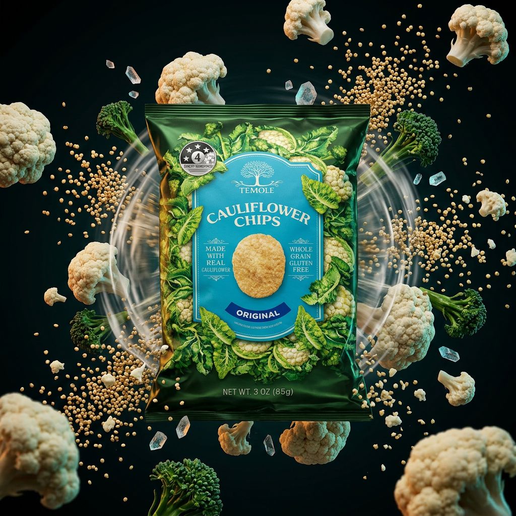 Temole Cauliflower Chips Original, chips au chou-fleur végétales croustillantes, format snack, disponible sur My American Shop