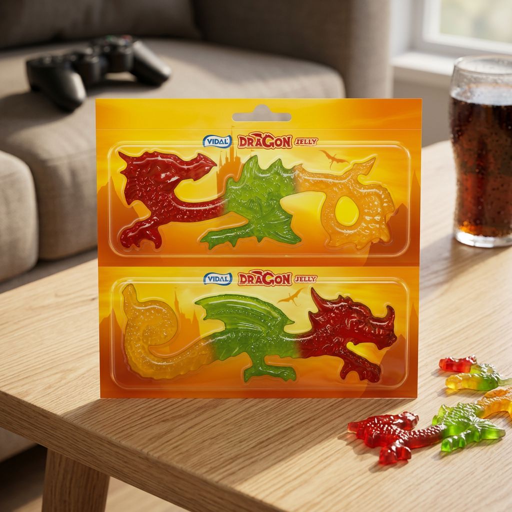 Vidal Dragon Jelly, bonbons gélifiés dragons fruités citron cassis, confiserie espagnole, disponible sur My American Shop