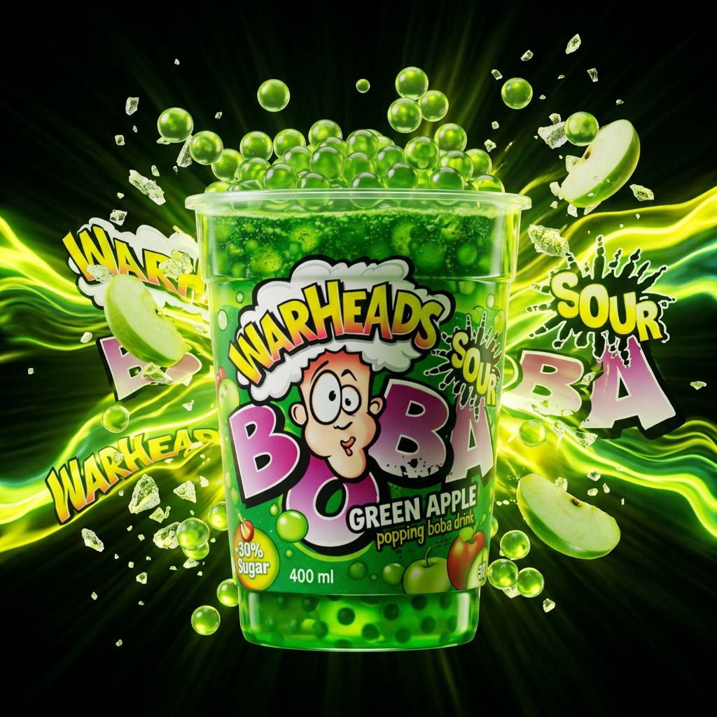 Warheads Boba Sour Green Apple, billes gélifiées acidulées saveur pomme verte, snack américain, disponible sur My American Shop