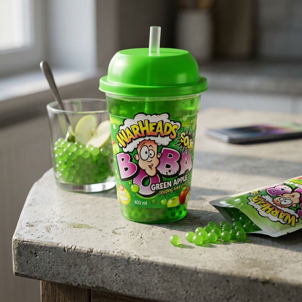 Warheads Boba Sour Green Apple, billes gélifiées acidulées saveur pomme verte, snack américain, disponible sur My American Shop
