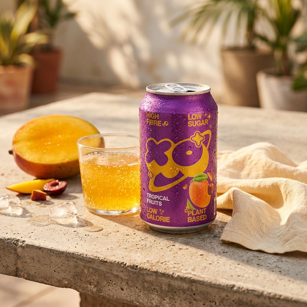XOXO Soda Tropical canette 330ml, soda prébiotique américain saveur mangue pomme, disponible sur My American Shop