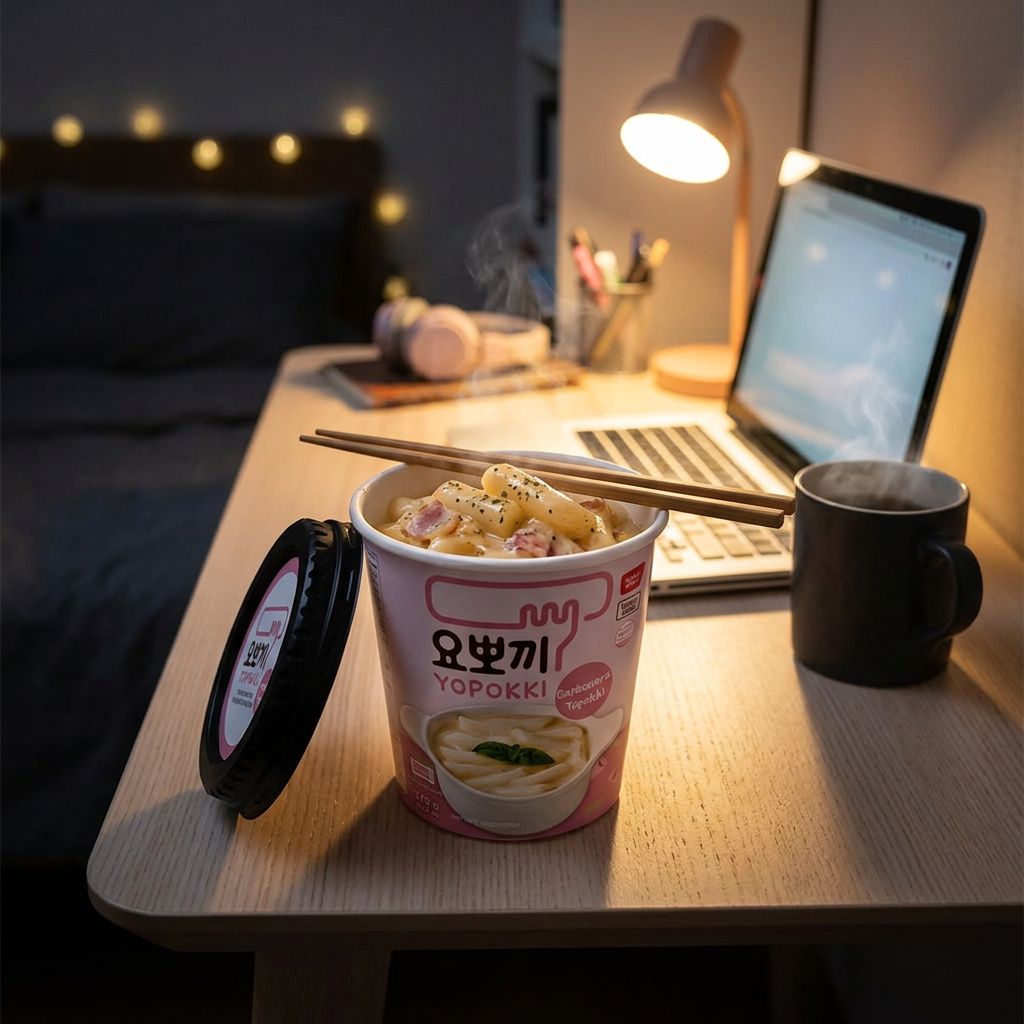 Yopokki Cup Topokki Carbonara de Youngpoong, tteok-bokki sauce crémeuse fromagère, format cup coréen, disponible sur My American Shop