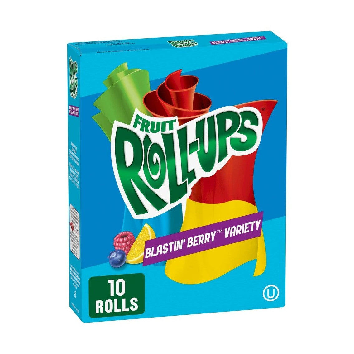 Un paquet bleu sur fond blanc avec 2 bonbons vert et rouge enroulés sur eux-mêmes. En bas à gauche, une framboise, une myrtille et une tranche de citron