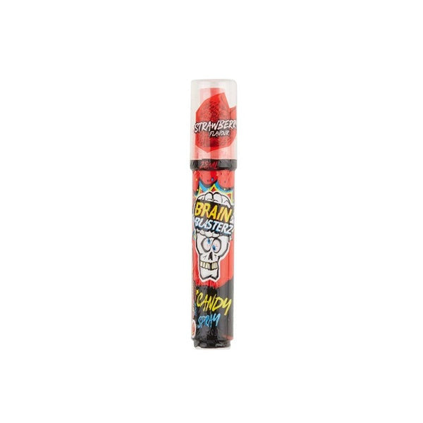 Un tube rouge et noir sur fond blanc avec au centre une tête de squelette qui louche et son cerveau qui explose. Et en haut sur le bouchon transparent, une fraise rouge