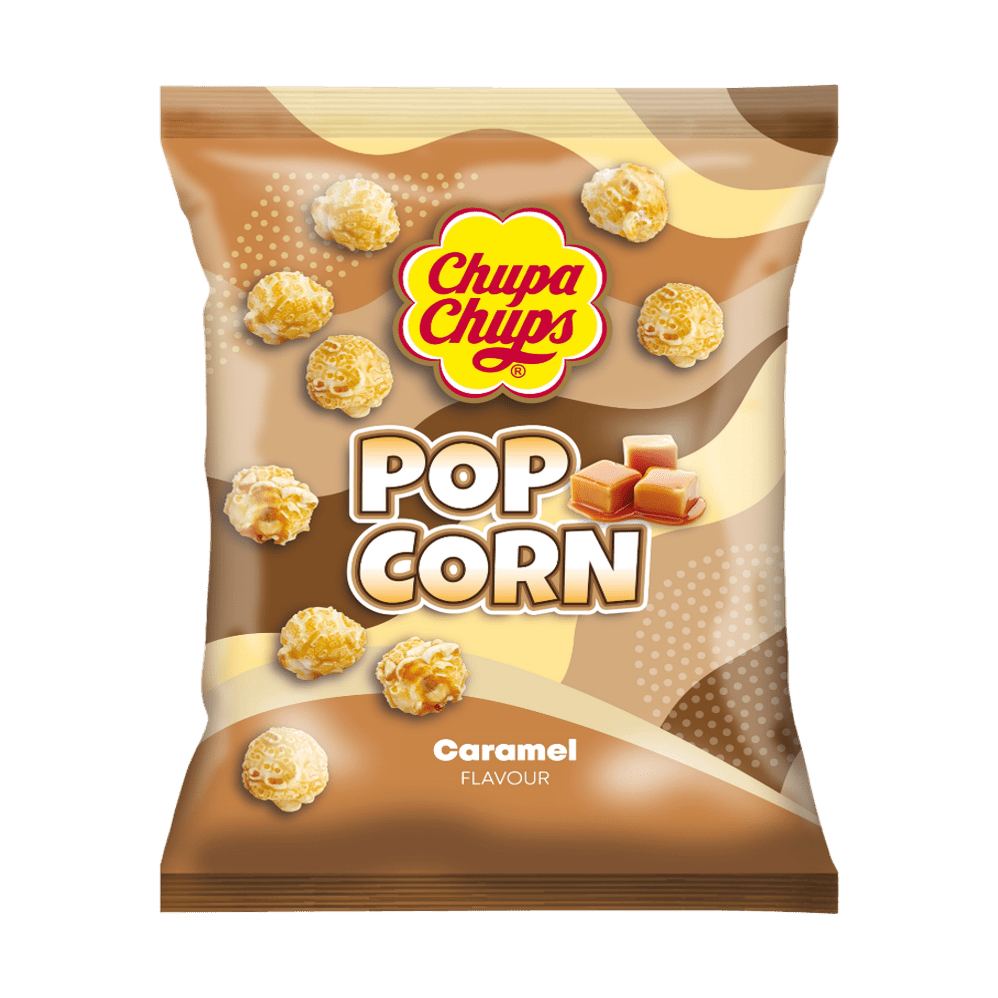 Un emballage avec plusieurs motifs aux nuances de bruns et des popcorns qui tombent du ciel et 3 morceaux de caramel fondant. Le tout sur fond blanc