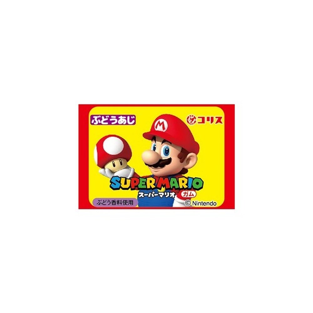 Un paquet jaune et rouge avec le personnage de Mario avec son chapeau rouge et à gauche il tient un petit champignon rouge et blanc avec des yeux, le tout sur fond blanc