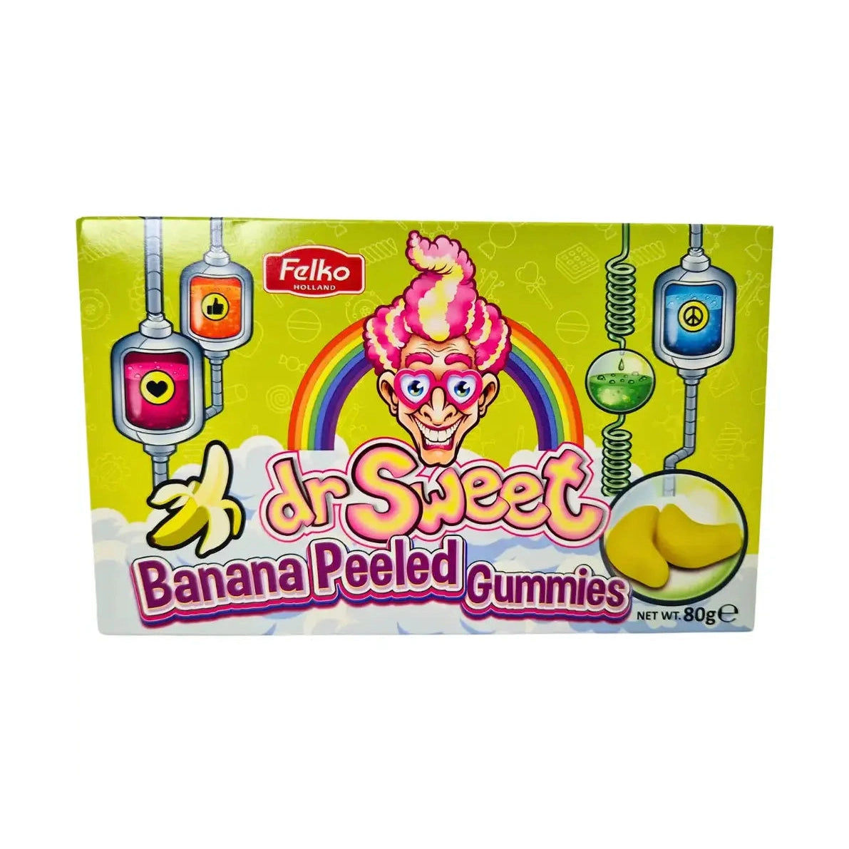 Un paquet vert sur fond blanc avec des machines de scientifiques et en bas à droite des bonbons jaunes en forme de banane