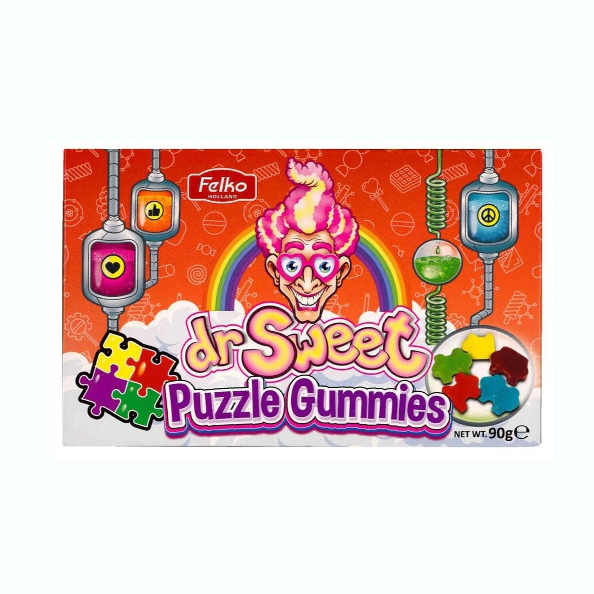 Un paquet rouge sur fond blanc avec des machines de scientifiques et en bas à droite des bonbons colorés en forme de pièces de puzzle