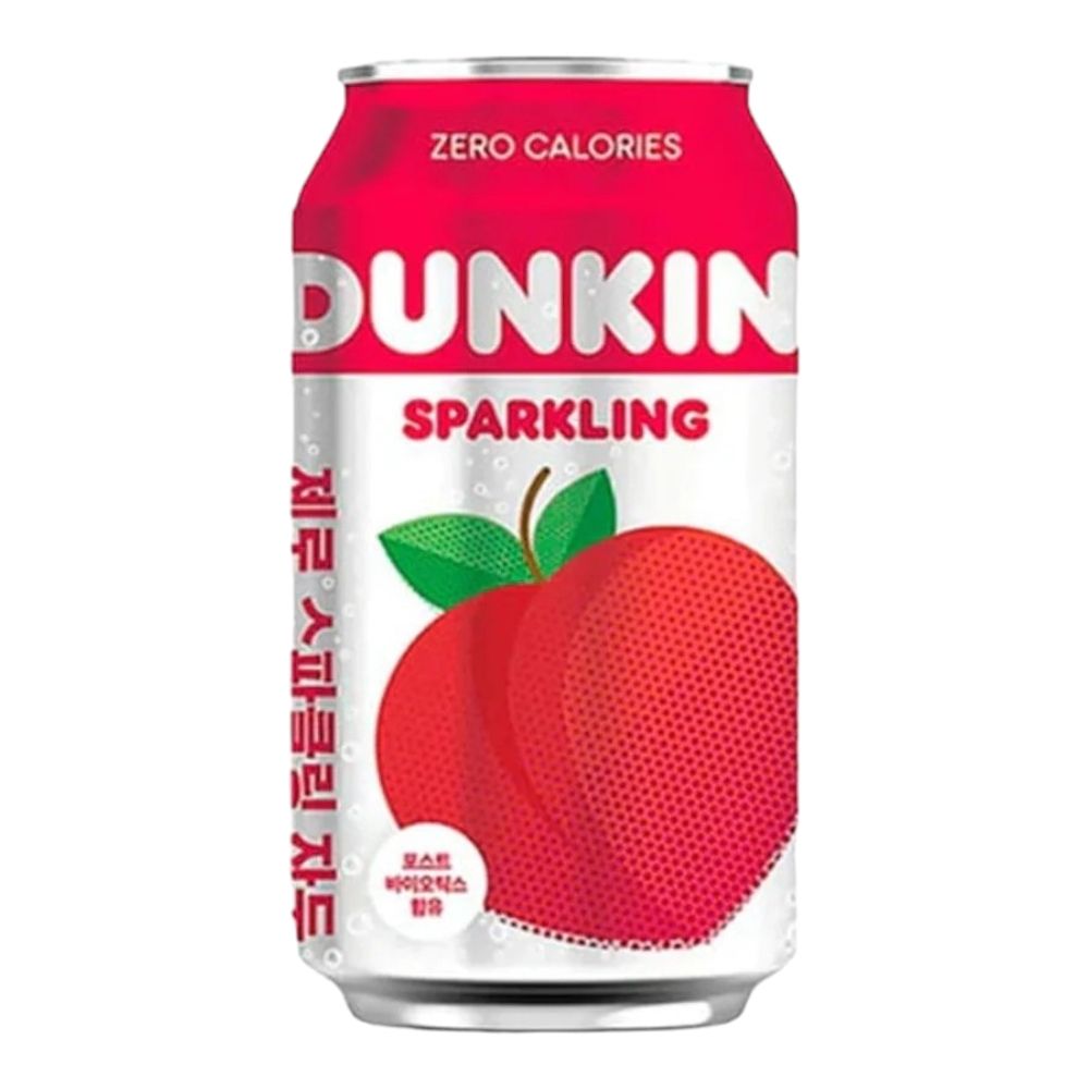 Une canette rose et blanche sur fond blanc avec un prune rouge au centre