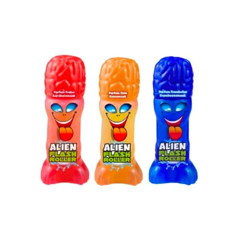 Un trio de 3 emballages rouge, jaune et bleu avec comme bouchon des cervelles et des têtes d’aliens qui tirent la langue. Le tout sur fond blanc