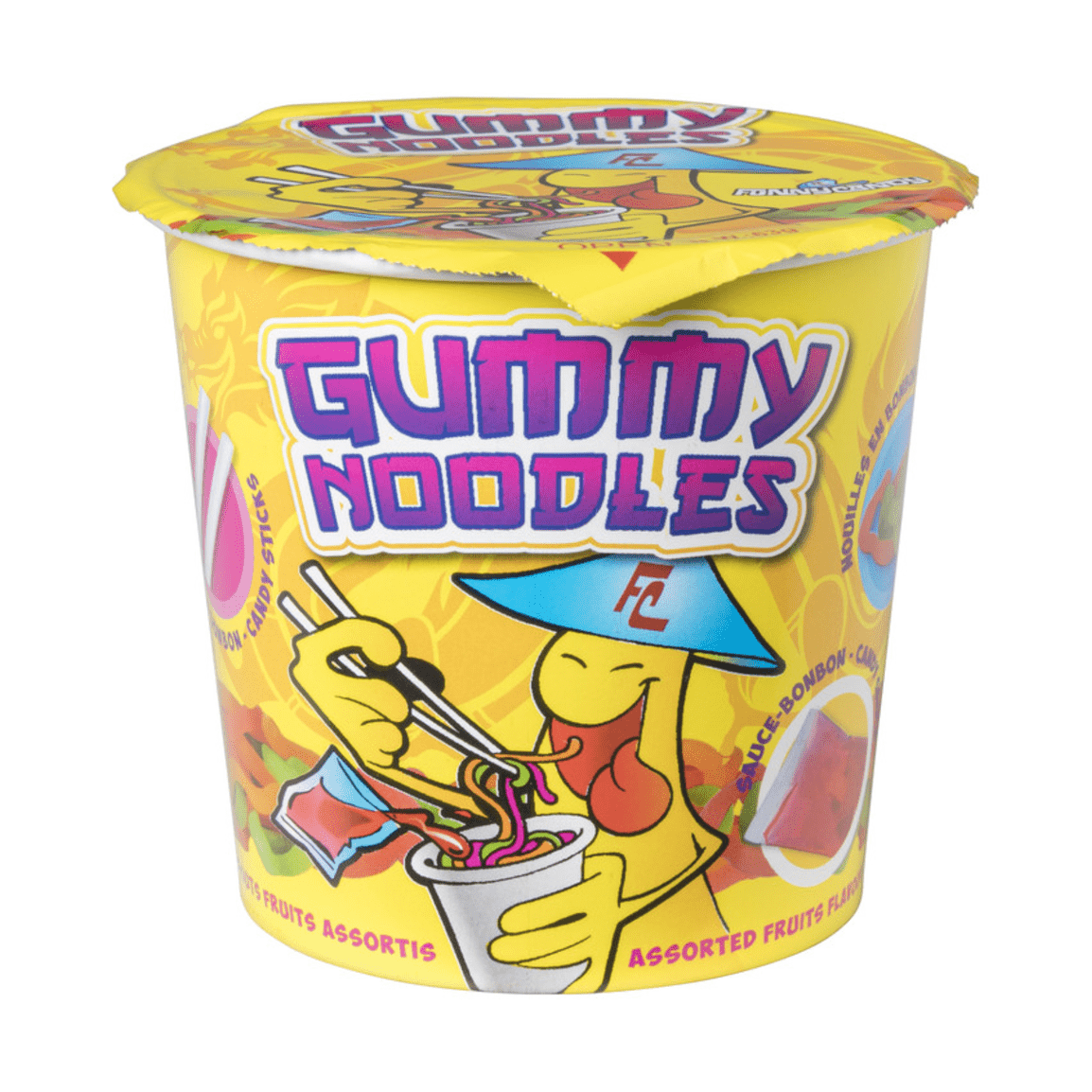 Un emballage jaune sur fond blanc avec un petit bonhomme jaune avec un chapeau conique bleu qui mange un bol de nouilles colorés