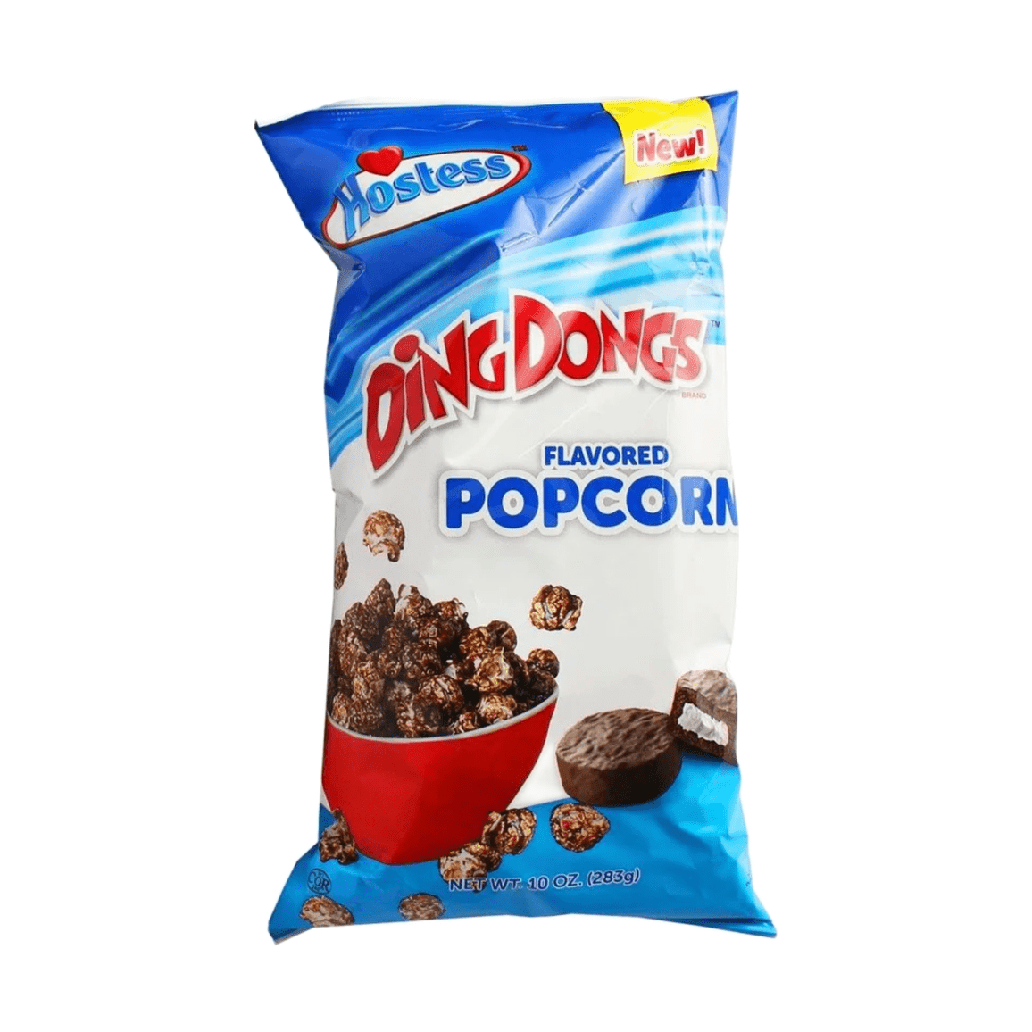 Un paquet blanc et bleu avec à gauche un bol rouge avec des popcorns au chocolat et à droite 2 gâteau au chocolat fourré à la crème, le tout sur fond blanc