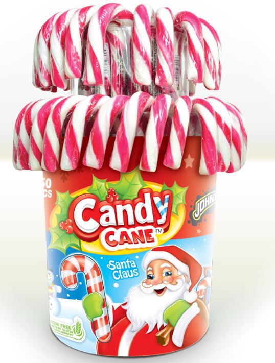 Un paquet avec un père Noël dans un paysage enneigé, il contient des cannes à sucre de Noël sur 2 étages. Le tout sur fond blanc