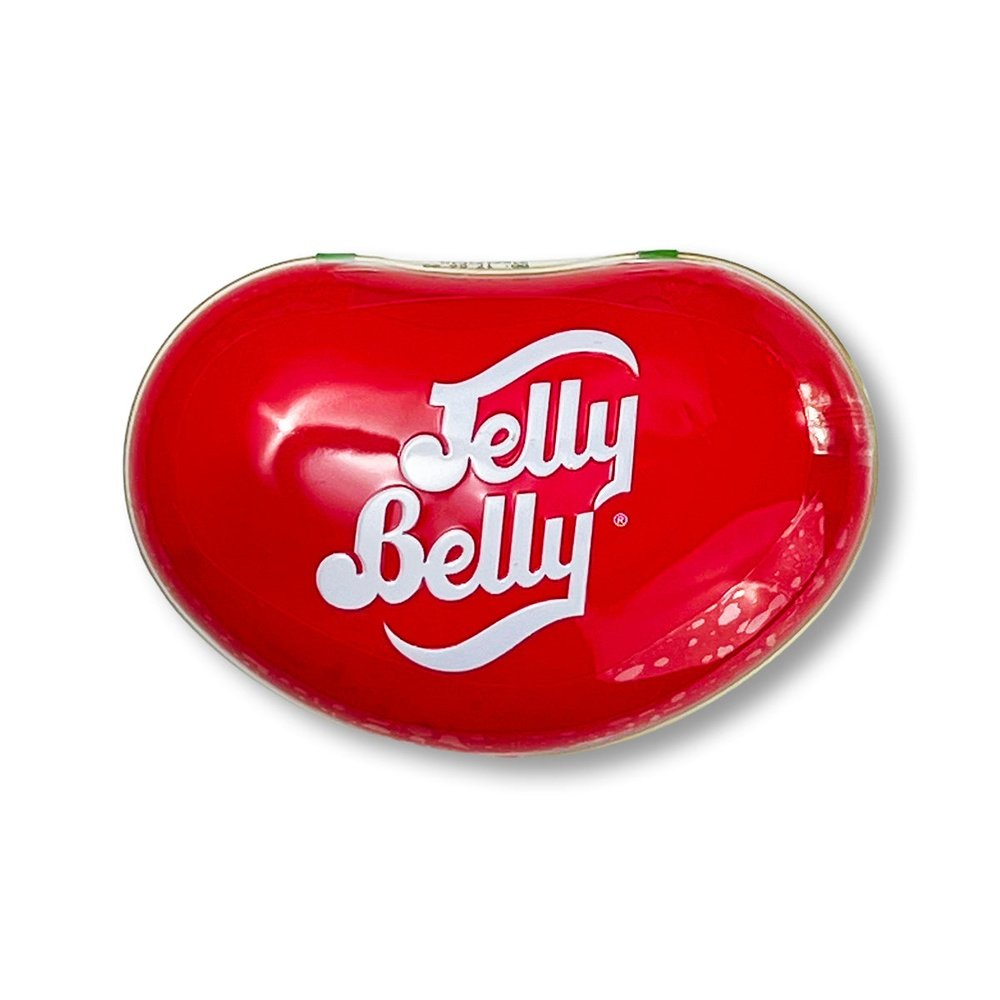 Une grande boite rouge en forme d’haricots avec écrit en blanc « Jelly Belly ». Le tout sur fond blanc
