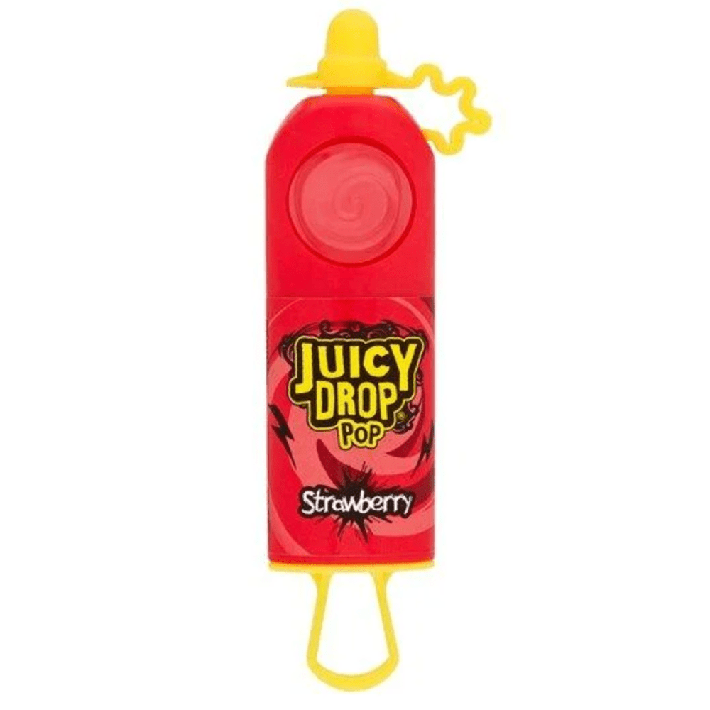 Un emballage rouge sur fond blanc avec au centre une étiquette rouge avec écrit « Juicy Drop » en jaune